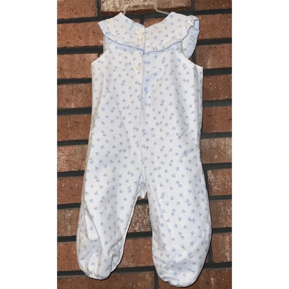 Vintage Carter's White Blue Floral Sleeveless Romper Overalls Size 12M